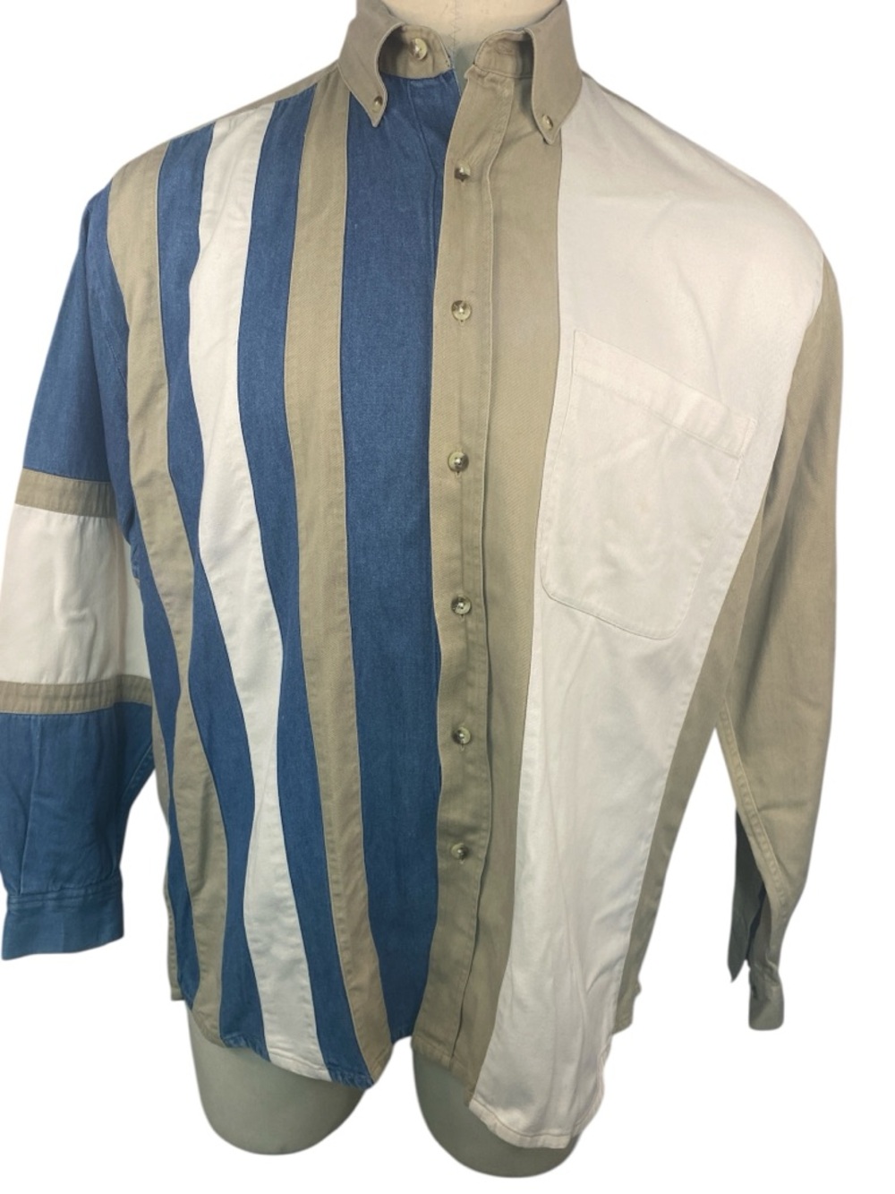 Texas Authentic Dry Goods Long Sleeve BU Shirt in Blue, White & Tan Mens Large